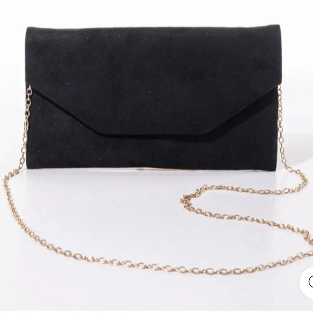 Black Glitter Velvet Feel Chic Classy Envelope Style Clutch with Gold Chain